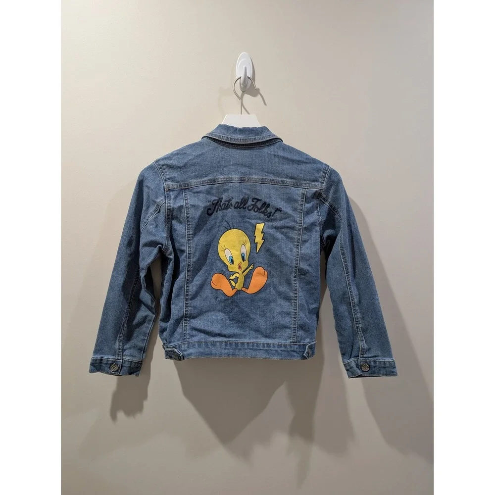 Looney Tunes Tweety Bird Denim Jacket Kids Large 10/12 Blue Jean Trucker Coat